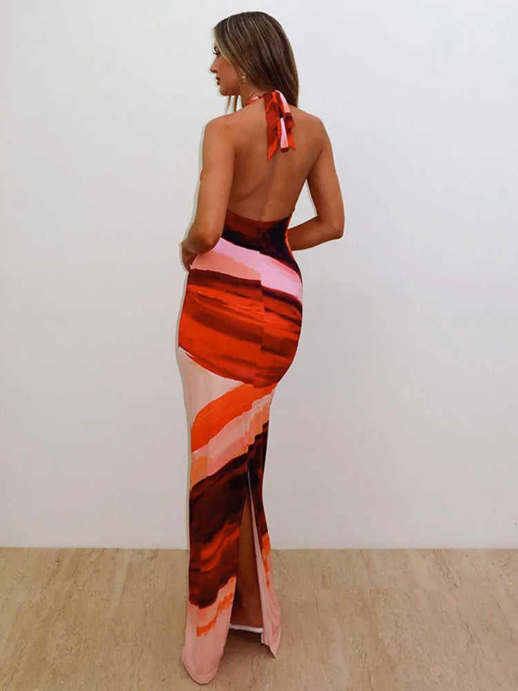 שמלת מקסי בהדפס צבעוני קשירה בצוואר גב פתוח - חוליה