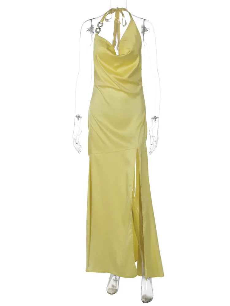 שמלת מקסי קשירה בצוואר גב פתוח בעיצוב שסע בעיטור אבזם - שון