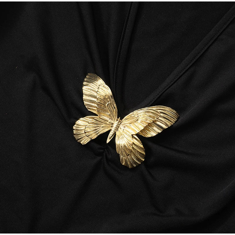 שמלת מקסי מחשוף V עמוק בעיטור פרפר זהב - מריפוסה