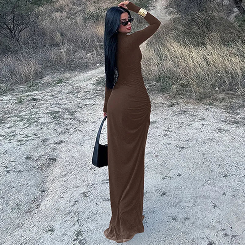 שמלת מקסי כיווצים צווארון גולף בעיצוב שסע עמוק - סאשה