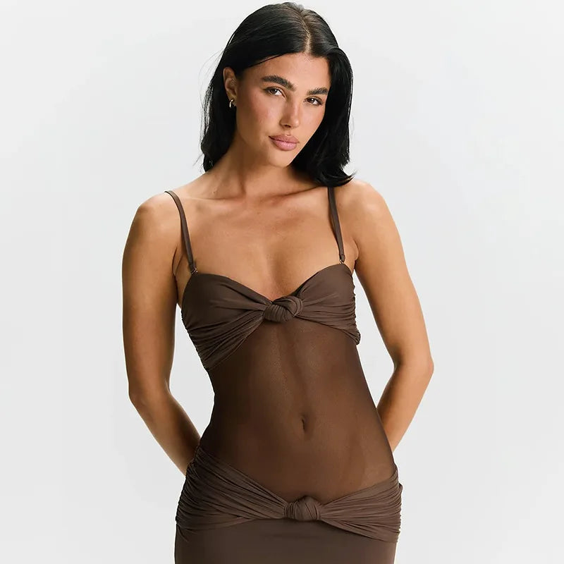 שמלת מקסי כתפיות נשלפות בעיצוב כיווצים ורשת - Blair