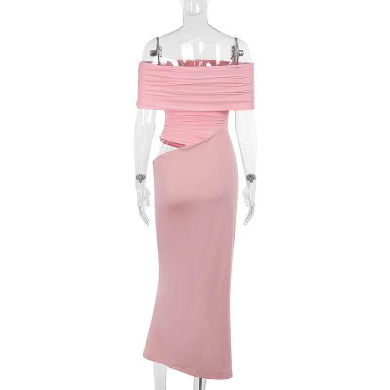 שמלת מקסי כיווצים בעיצוב רשת וכתפיים חשופות - קשת