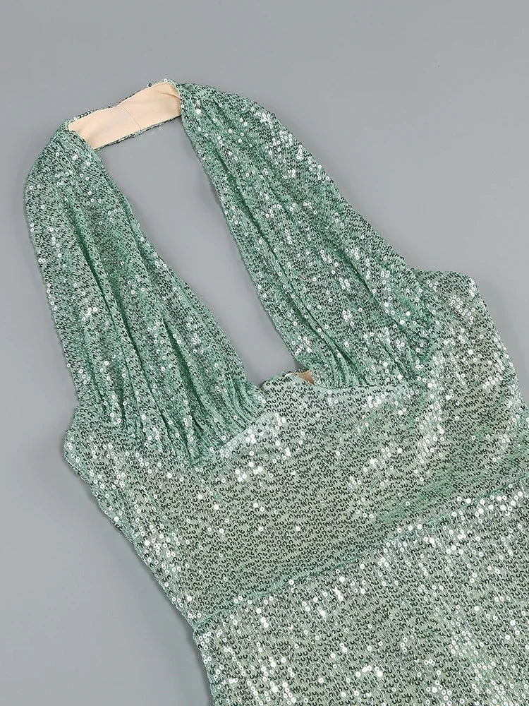 שמלת מקסי פייטים צמודה מחשוף עמוק - גרין