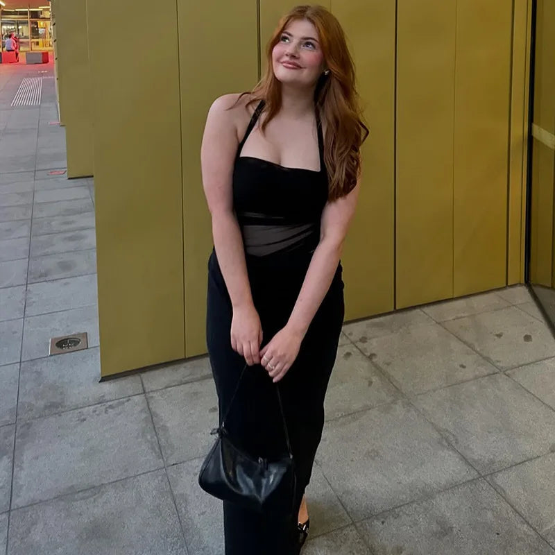 שמלת מקסי סאטן כיווצים בעיצוב רשת בחלק העליון גב פתוח - Arya