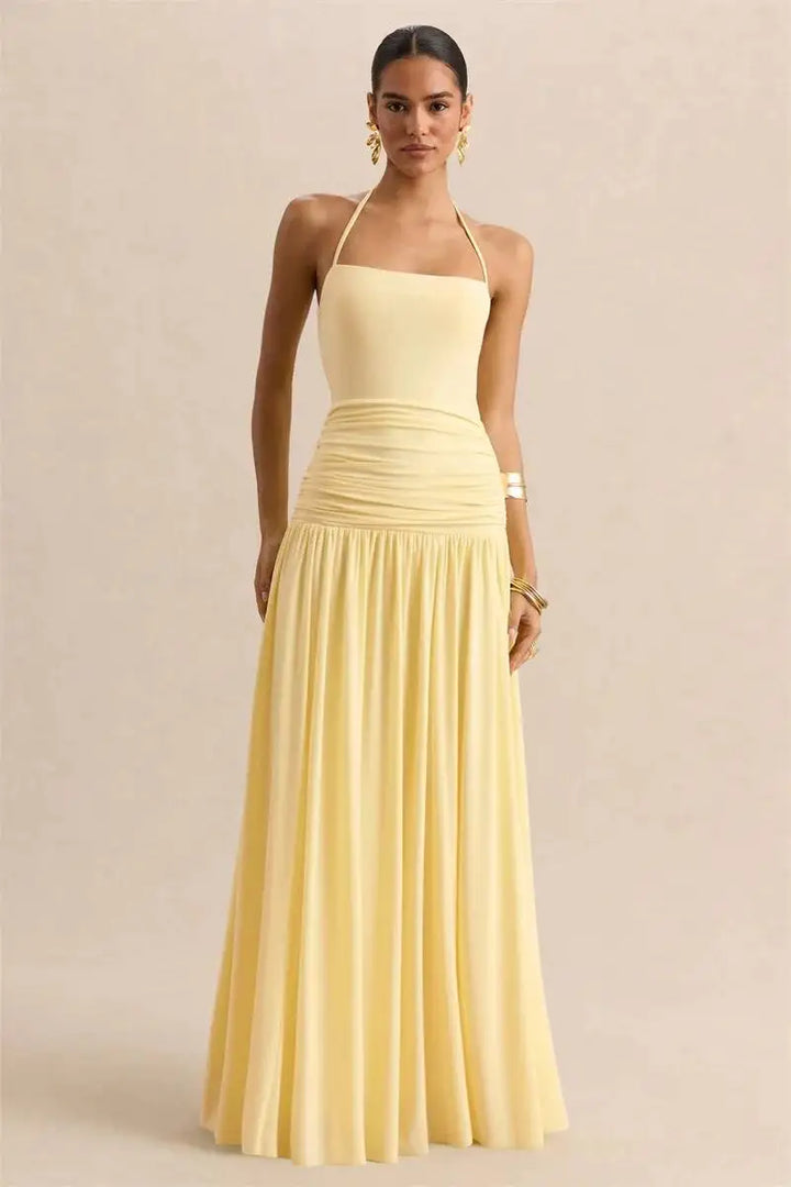 Pleated maxi dress with a neck tie and open back - Tuval