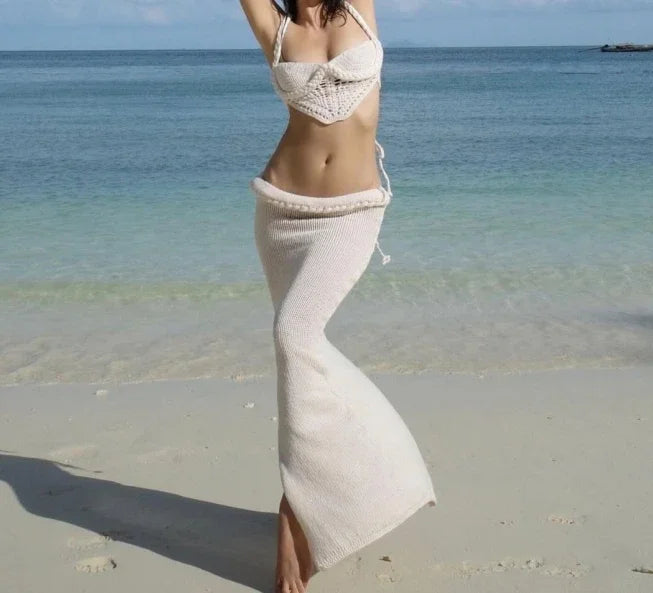 סט חוף סרוג שני חלקים טופ וחצאית מקסי - Aqua