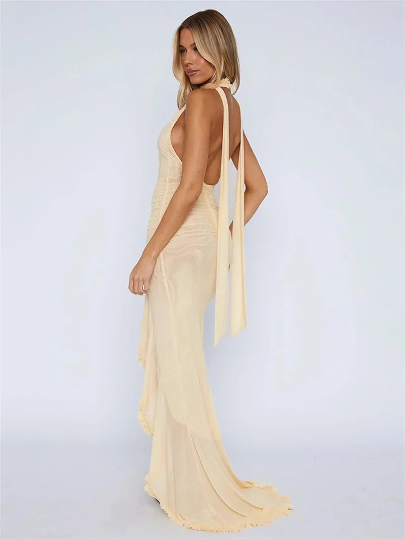 שמלת מקסי שיפון כיווצים מלמלה בעיצוב אסימטרי בעיטור צעיף תואם - מילקה