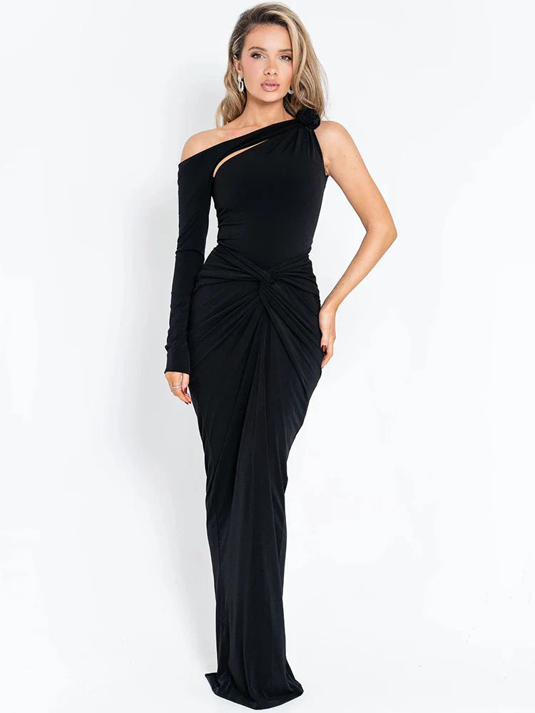 שמלת מקסי בעיצוב צווארון אסימטרי בעיטור כיווצים ופרח - רוזליה