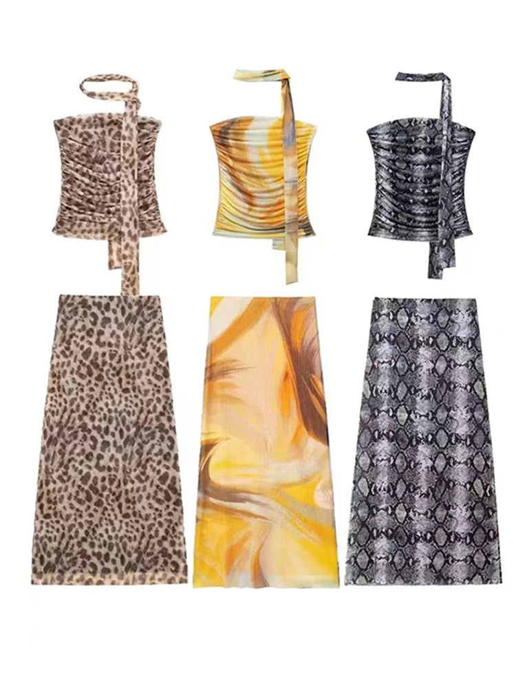 סט שיפון שני חלקים טופ סטרפלס וחצאית מידי בעיטור צעיף תואם - לירי