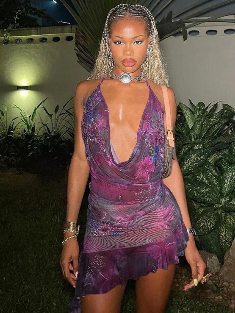 שמלת מיני קייצית בעיצוב צווארון נופל בעיטור מלמלה גב פתוח - Zariah