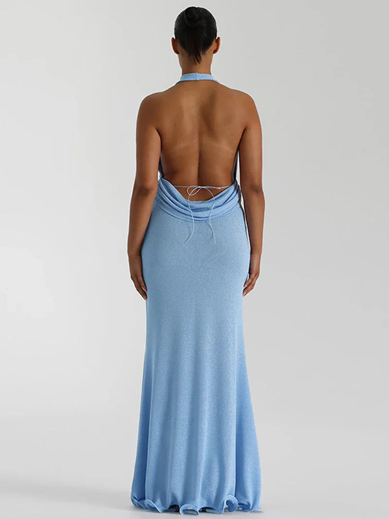 סט שני חלקים בעיצוב בד נשפך טופ צווארון נופל גב פתוח וחצאית מקסי - סקרלט