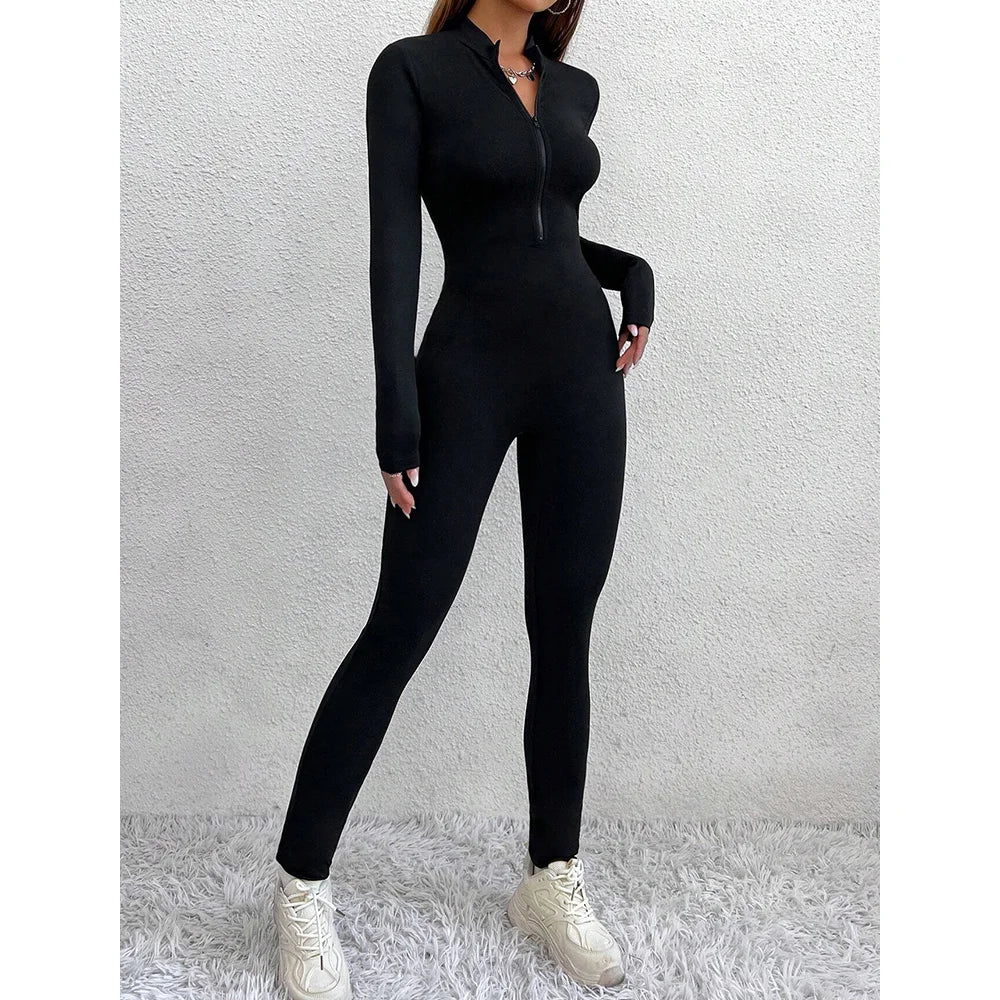Long fitted jumpsuit in shaping fabric with front zipper closure - Alisson