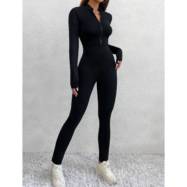 Long fitted jumpsuit in shaping fabric with front zipper closure - Alisson