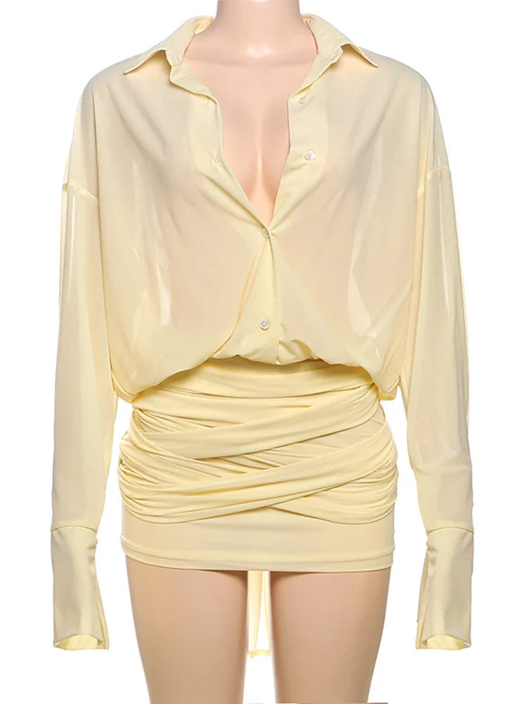 שמלת מיני שיפון בעיצוב קיפולים סגירת כפתורים -  Arabella