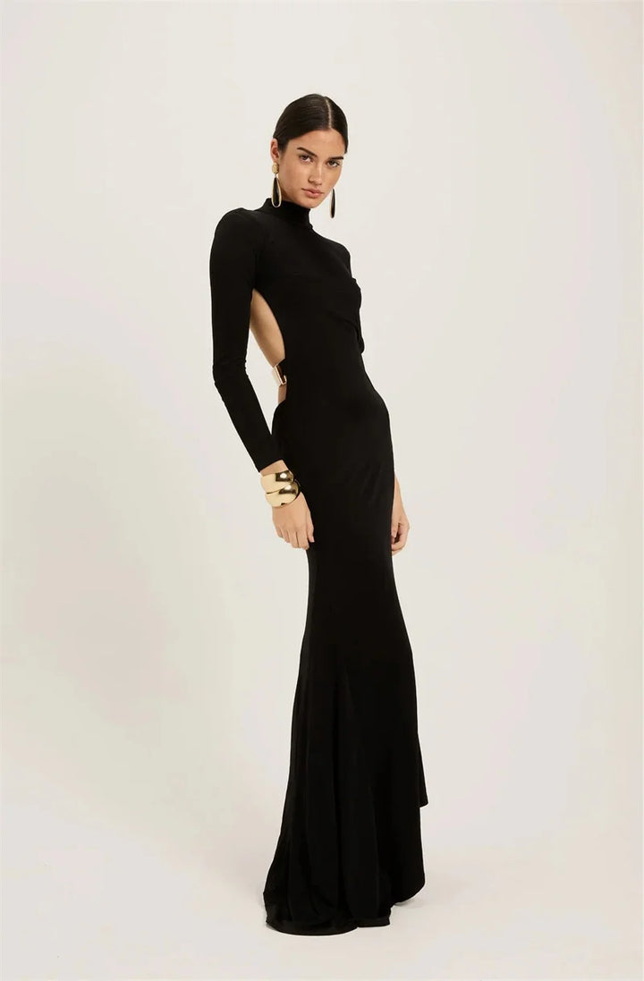 Maxi turtleneck dress with open back and buckle - EINAT