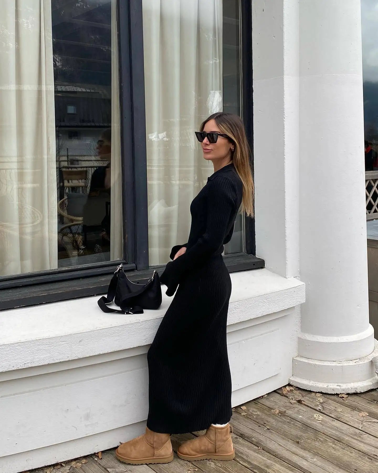 שמלת מקסי סריג צווארון צווארון פולו - גייל