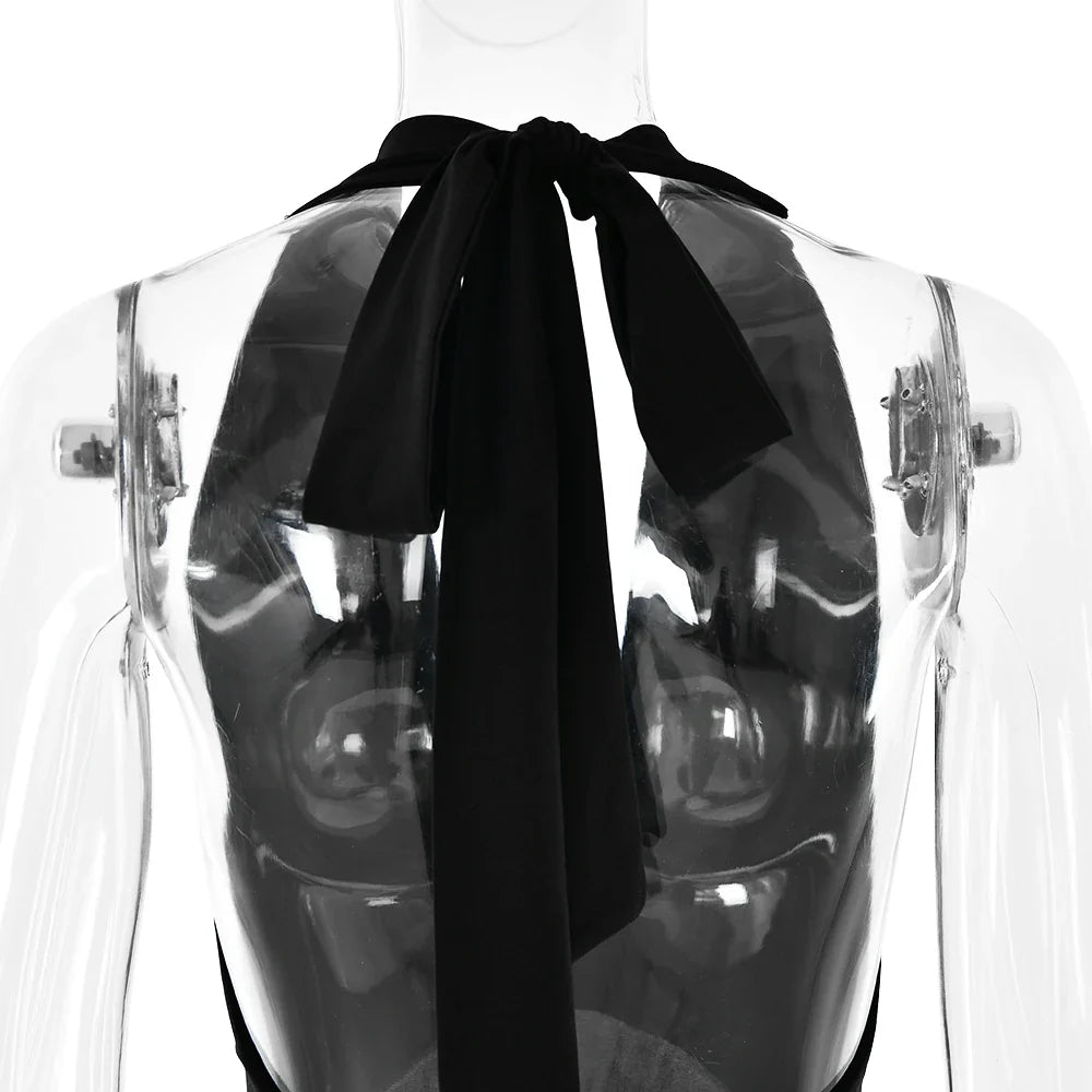 שמלת מקסי סאטן אלגנטית מחשוף עמוק קשירה בצוואר גב פתוח - SUN