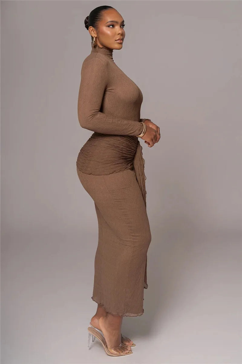 שמלת מקסי כיווצים בעיטור קשירה צווארון גולף - הלסי