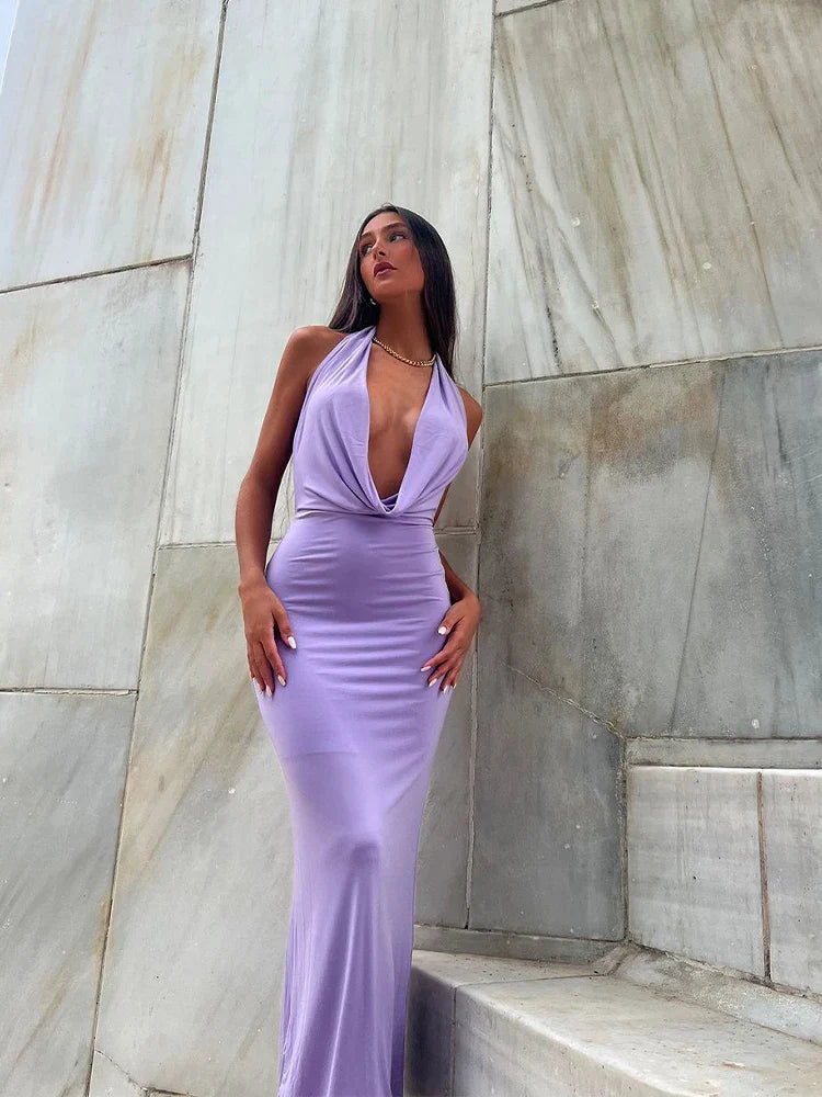 שמלת מקסי מחשוף עמוק צווארון נופל - פולה