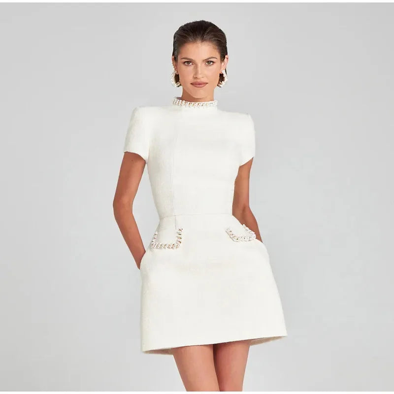 שמלת מיני אלגנטית שרוול קצר/ארוך סגנון מחויט בד ארוג בעיטור נצנצים ופנינים - Lucia