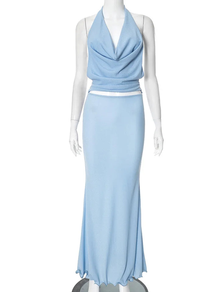 Two-piece set in a flowing fabric design, a drop-neck top with an open back and a maxi skirt - Scarlet