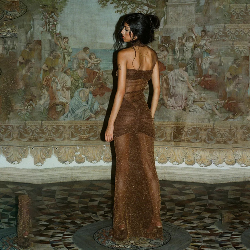 שמלת סטרפלס מקסי רשת נצנצים בעיטור כיווצים - Haisley