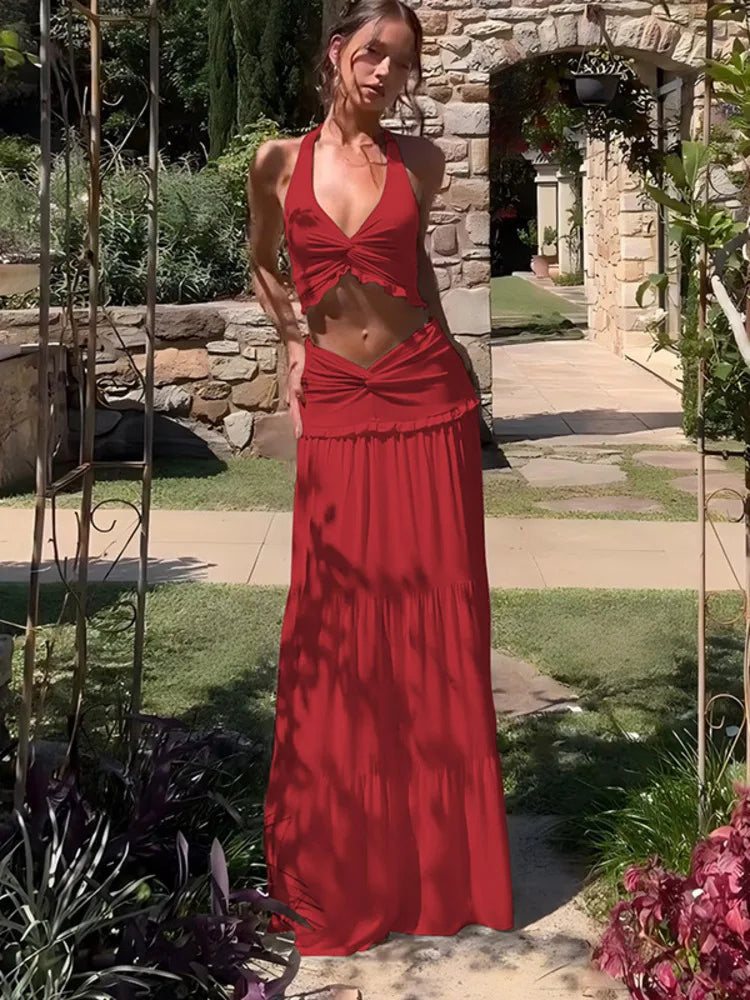 סט שני חלקים חצאית מקסי וטופ קשירה בצוואר - לורנזה