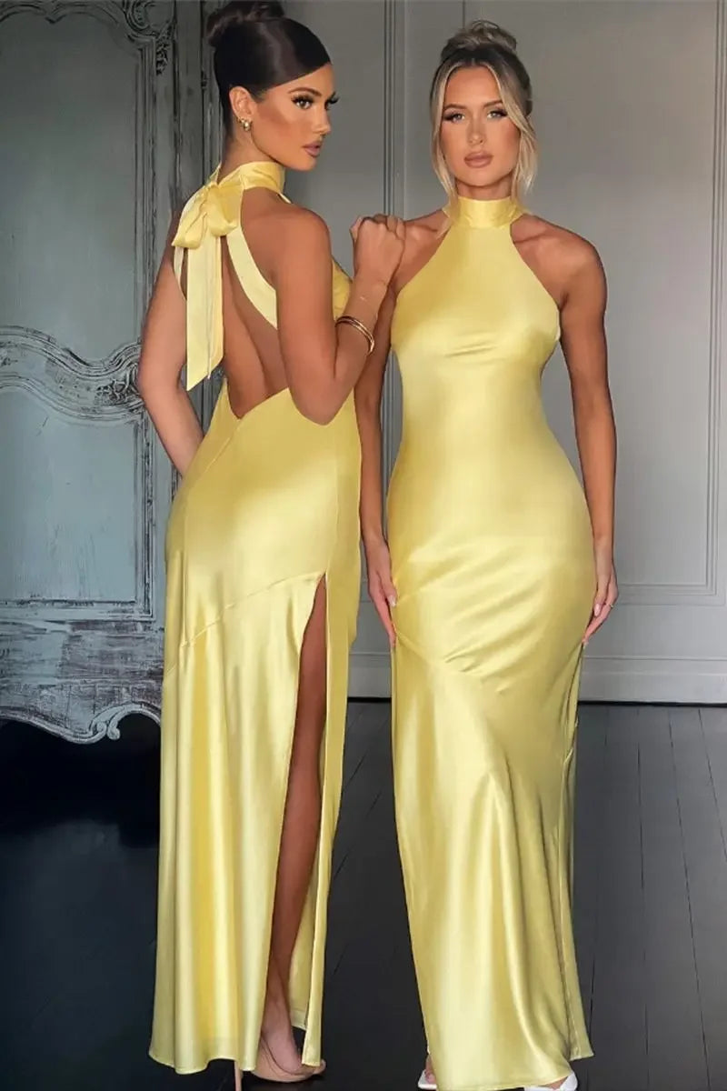 שמלת סאטן מקסי קולר בעיטור שסע - אמארי