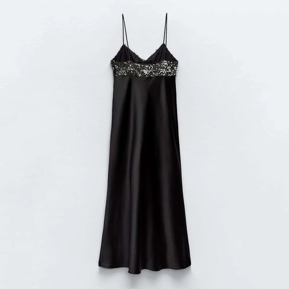 שמלת מקסי סאטן בעיטור פאייטים בחלק עליון - מורין