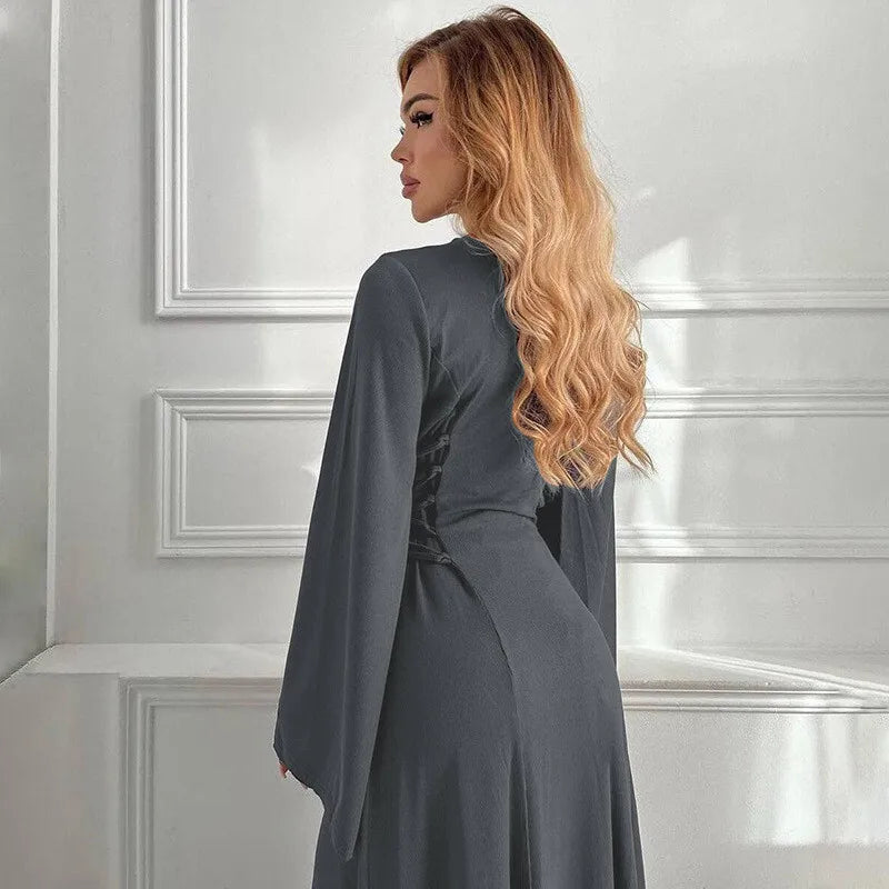 שמלת מקסי סרוגה צנועה בגזרת A קשירות במותן - לירי