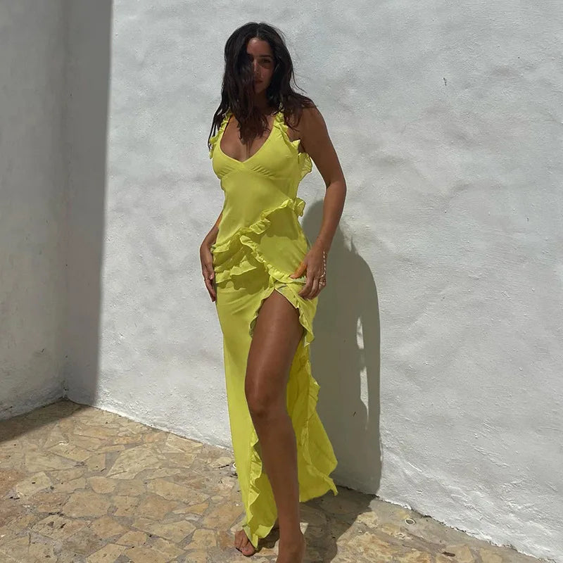 שמלת מסיבות קוקטייל בעיטור ראפלס בגזרה אסימטרית בשילוב שסע - מגנוליה