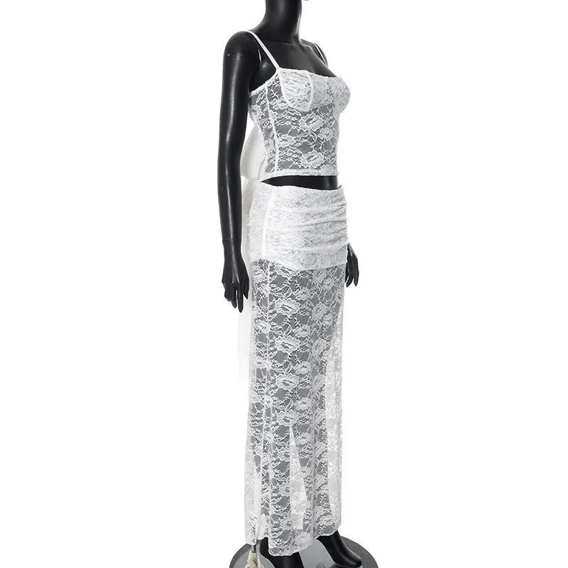 סט תחרה שני חלקים טופ גופיה קשירות בגב וחצאית מקסי - רייצ'ל