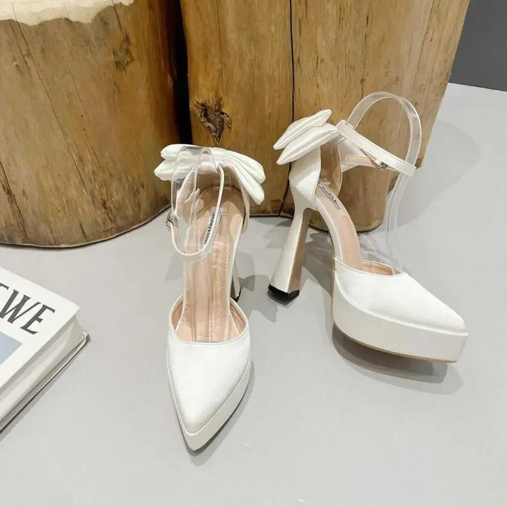 Satin Platform Heel Shoes with Bow Decoration - Doli