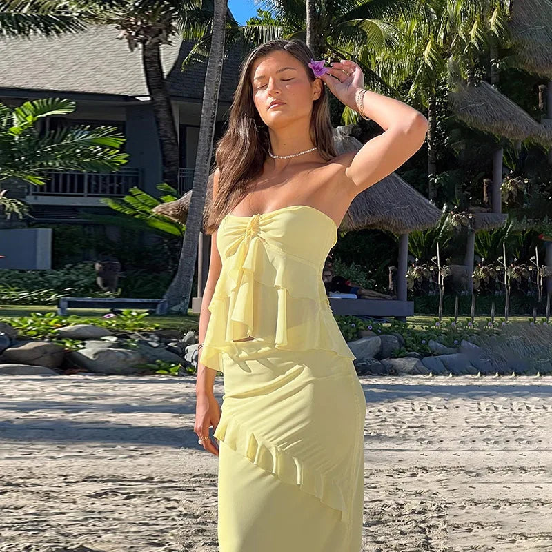 סט שני חלקים טופ סטרפלס וחצאית מקסי בעיטור מלמלה - סאני