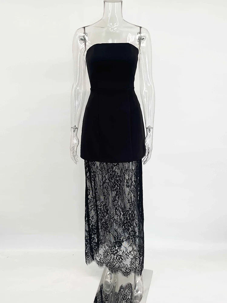 סט שני חלקים אלגנטי טופ סטרפלס וחצאית מקסי תחרה - ג'ולין