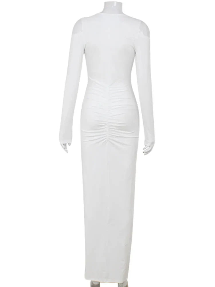 שמלת מקסי כיווצים בעיצוב מחשוף V שסע וכתפיים חשופות - Sylvia