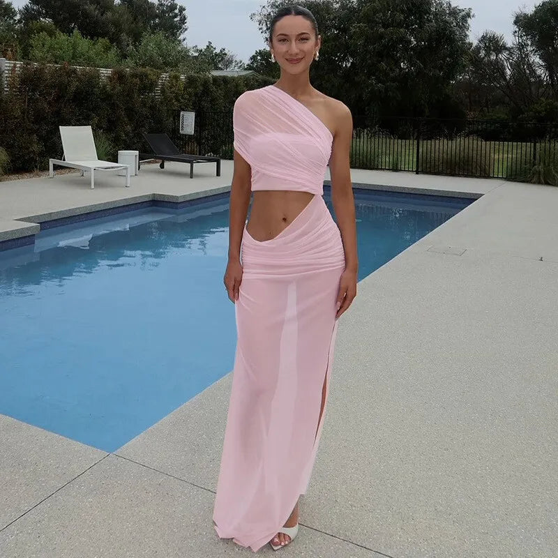 שמלת מקסי שיפון בעיצוב אסימטרי ופתח - שי לין