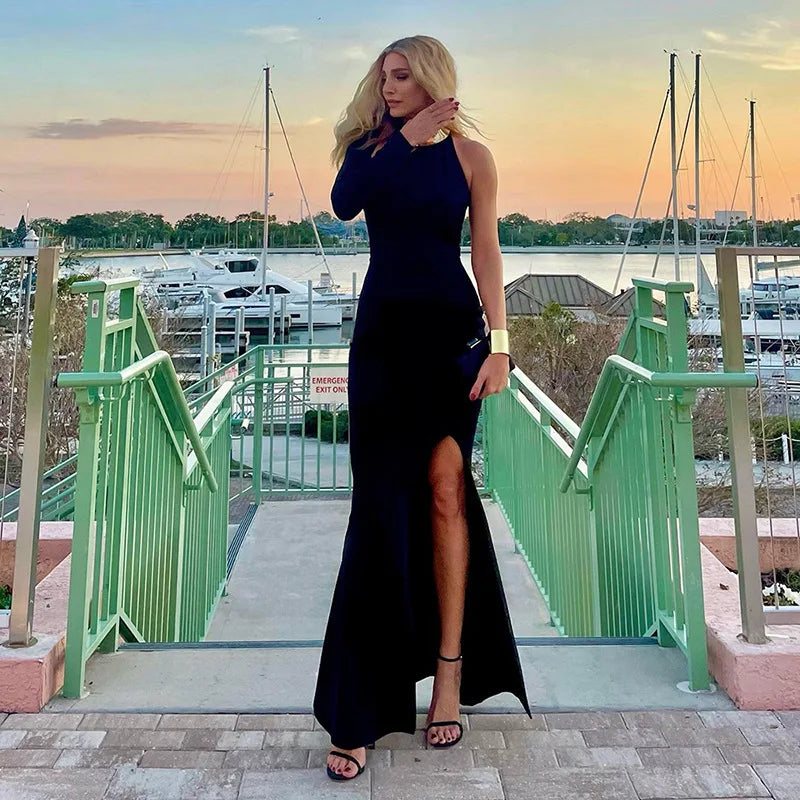 Asymmetrical maxi evening dress with deep slit and one sleeve - Eva