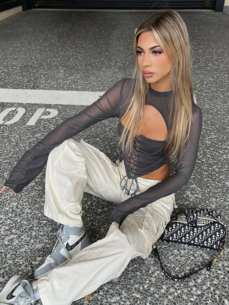 חולצת מחוך קשירות שרוולי שיפון - ג'ורג'יה