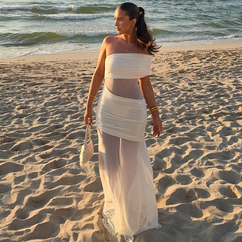 שמלת מקסי כיווצים בעיצוב שיפון כתפיים חשופות - מלאניה