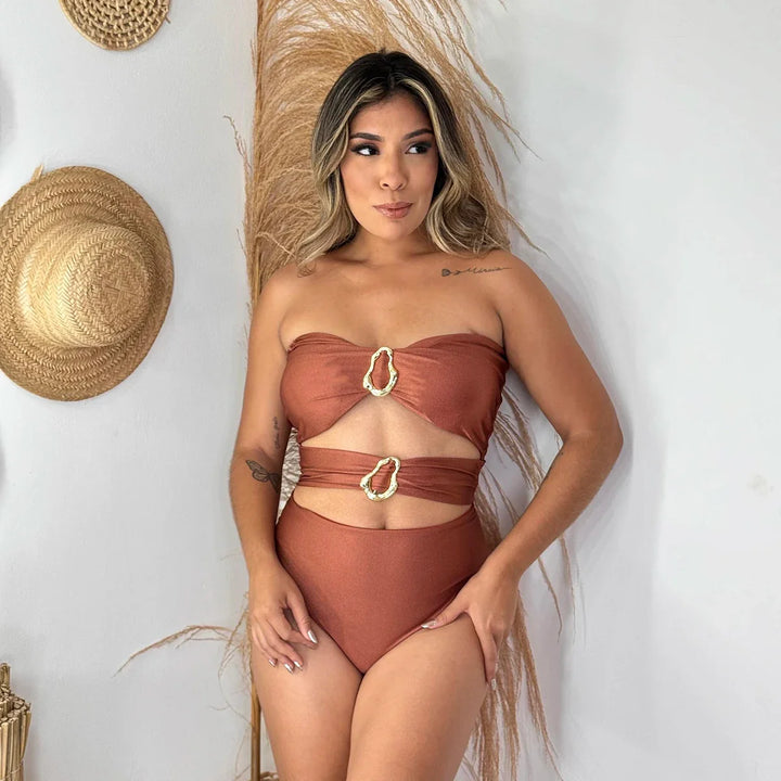 Strapless one-piece swimsuit with gold buckles - Linea