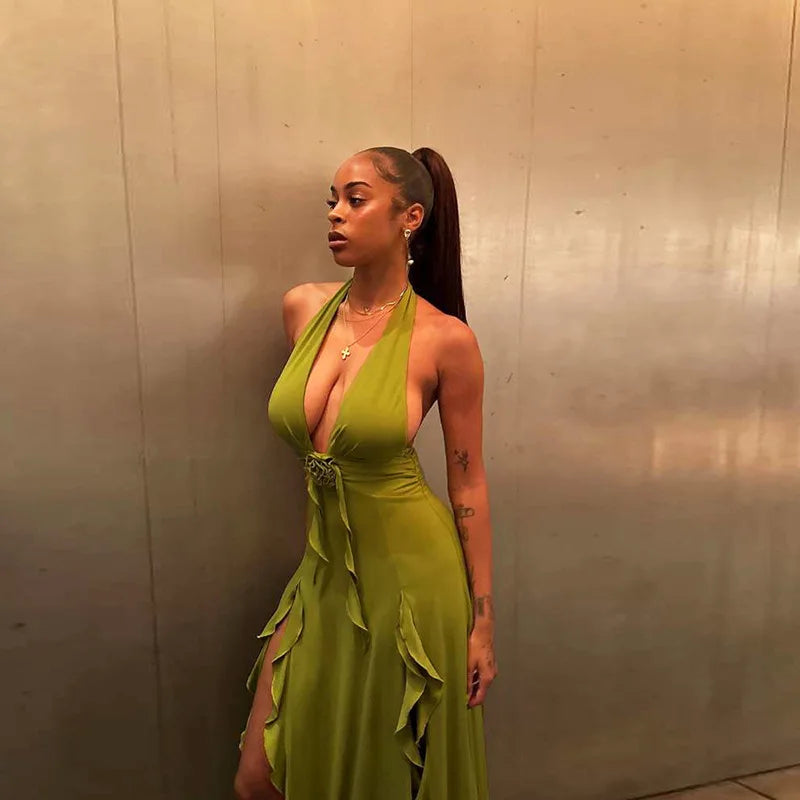 שמלת מקסי בעיטור מלמלה ופרח גב פתוח  - Maxine