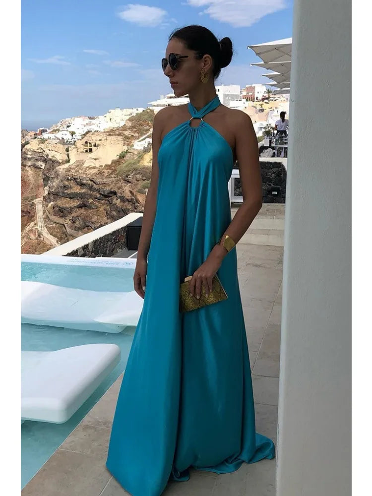שמלת מקסי סאטן קשירה בצוואר בעיצוב בוהו - טורקיז