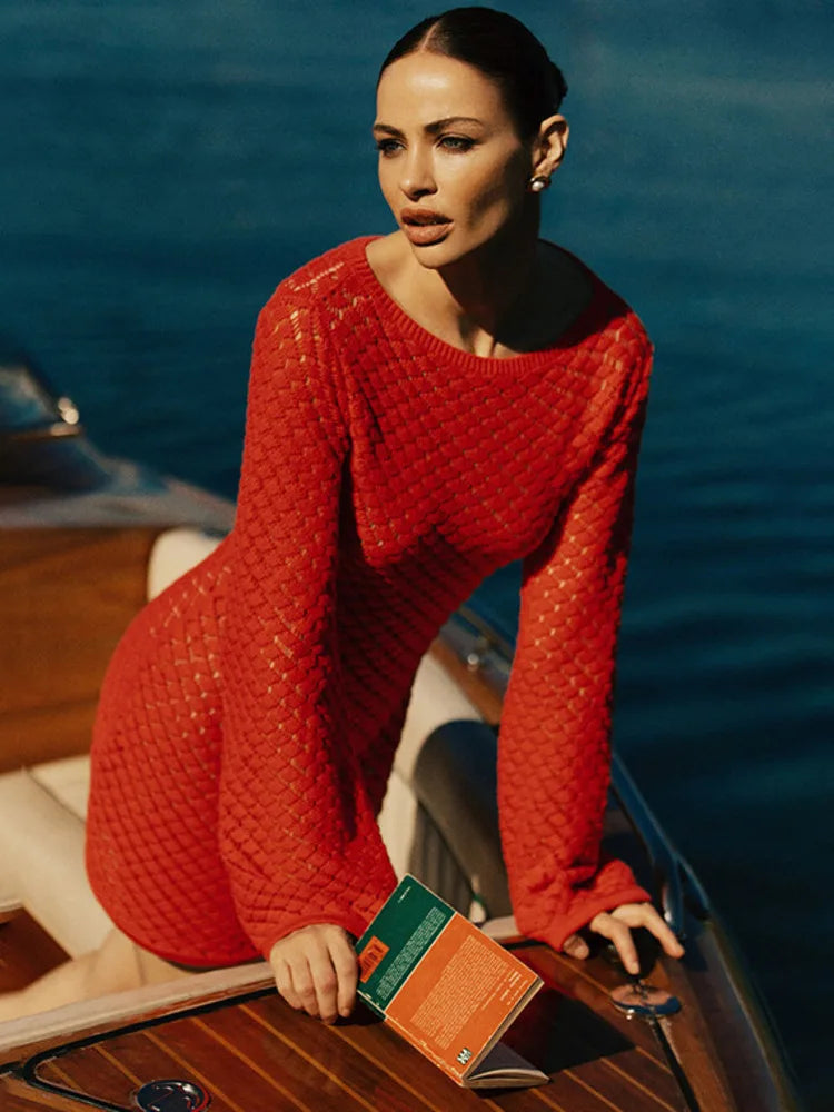 שמלת חוף מיני סרוגה גב פתוח - Mar