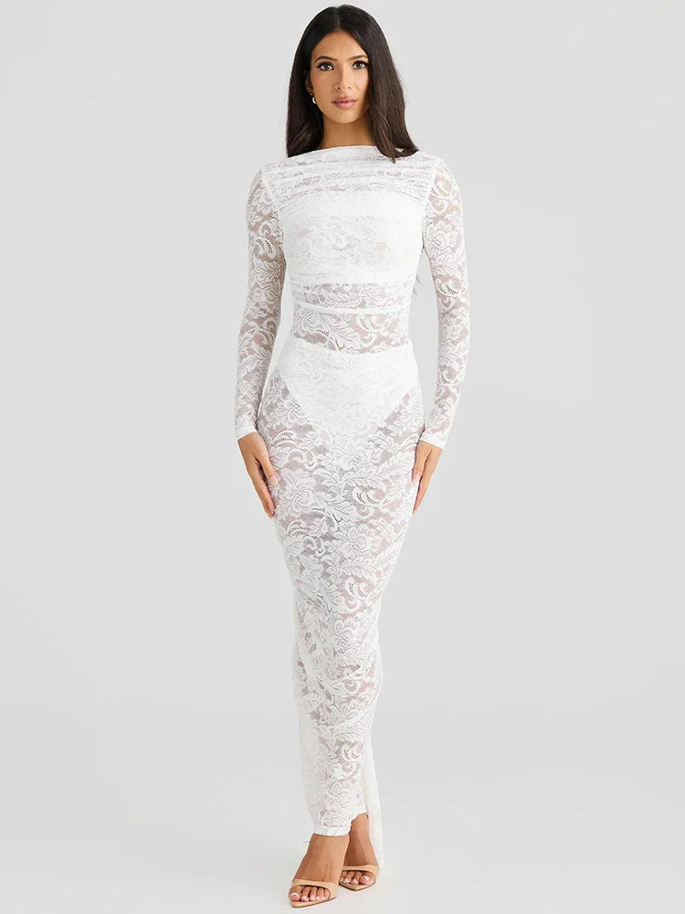 שמלת מקסי תחרה שקופה גב פתוח - קורליין