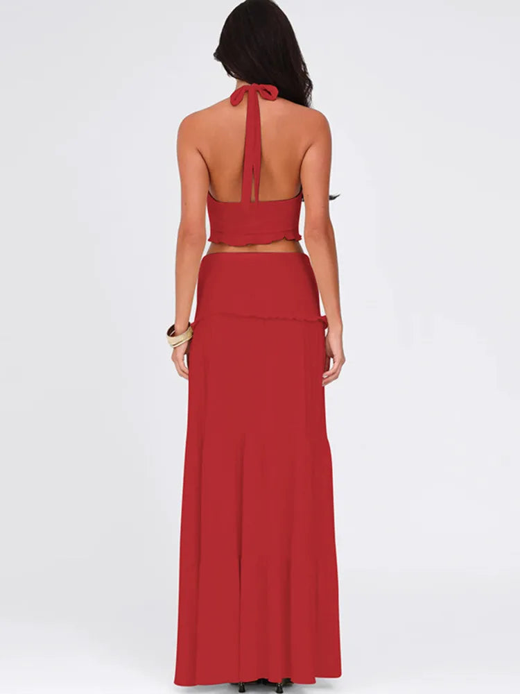 סט שני חלקים חצאית מקסי וטופ קשירה בצוואר - לורנזה