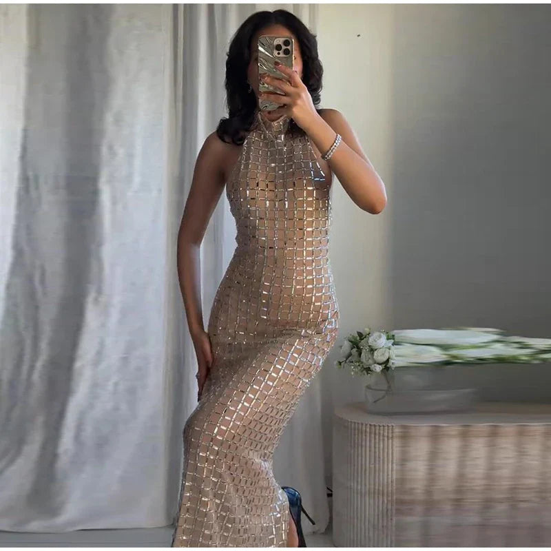 Strapless top/mini skirt/maxi dress/maxi dress with sparkling rhinestones