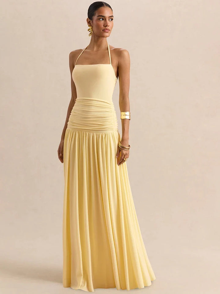 Pleated maxi dress with a neck tie and open back - Tuval