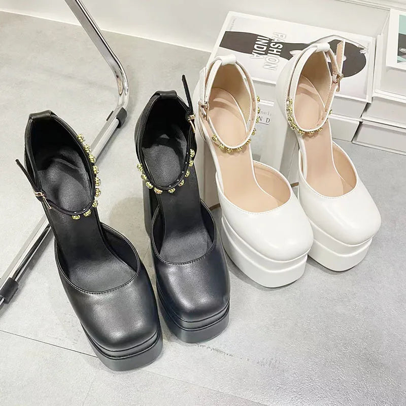 Platform doll shoes in silk satin fabric decorated with diamonds - Melis