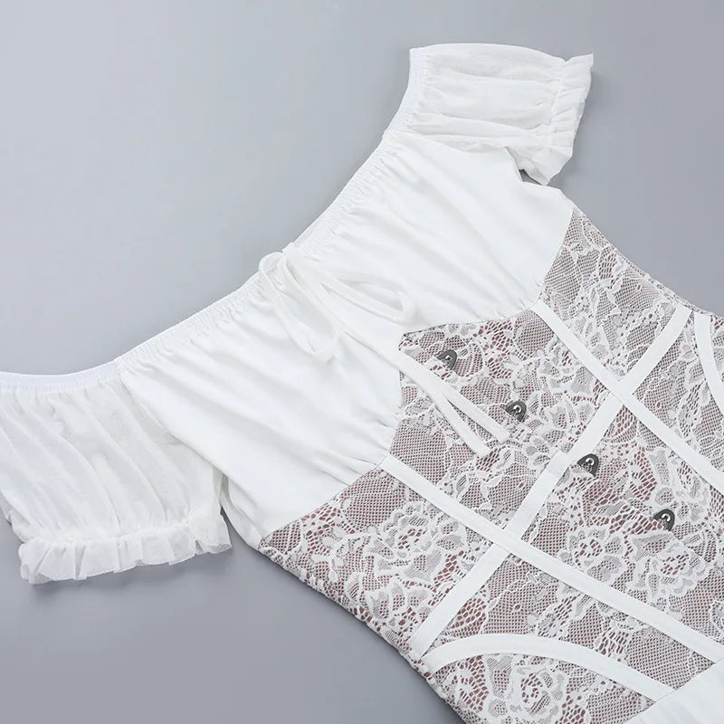 Off-the-shoulder balloon mini dress with lace trim - Fudge